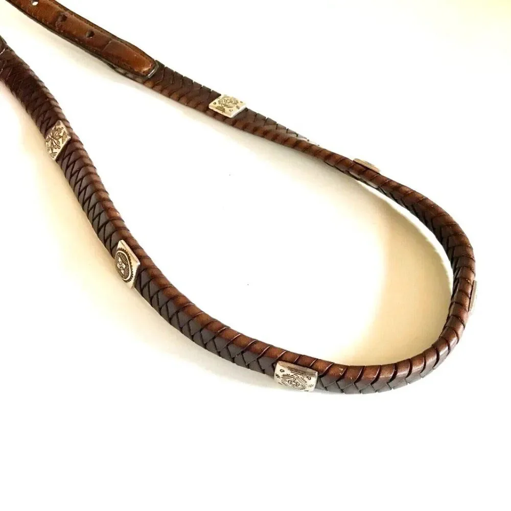 Vtg Brighton Brown Leather Western Concho Belt Size X-Small Braided Womens Thin